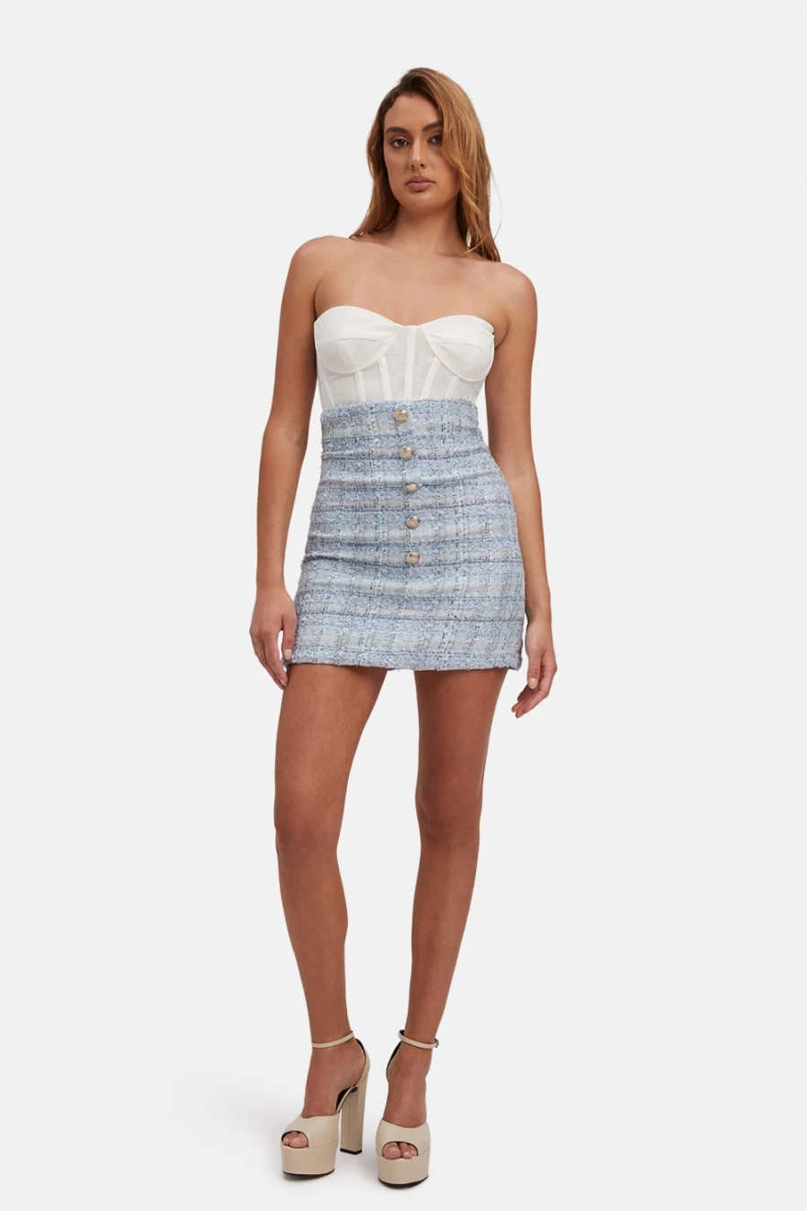 Bardot Women's Blue Boucle High Waist Skirt - Elegant Textured A-Line Midi Skirt