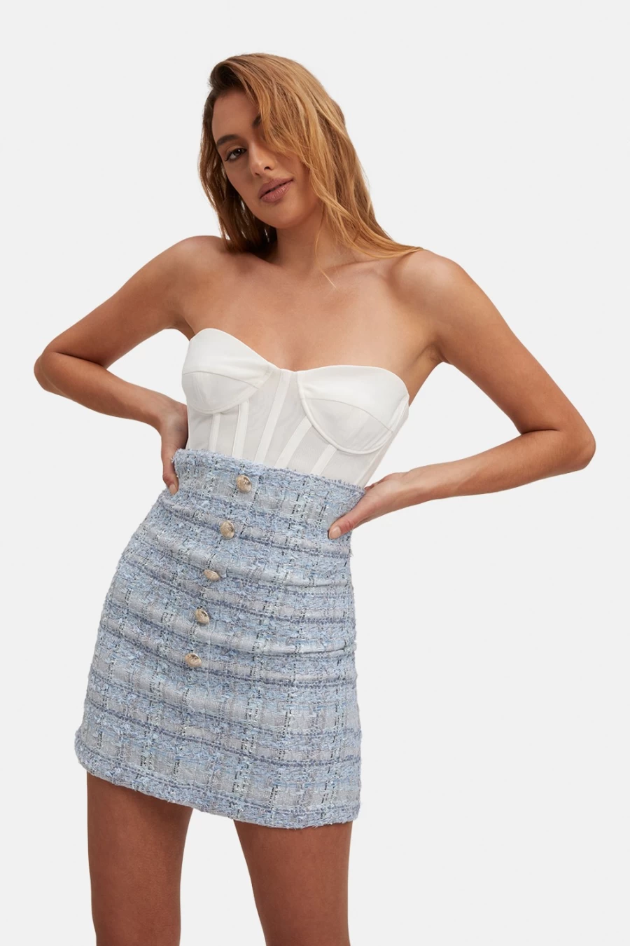 Bardot Women's Blue Boucle High Waist Skirt - Elegant Textured A-Line Midi Skirt