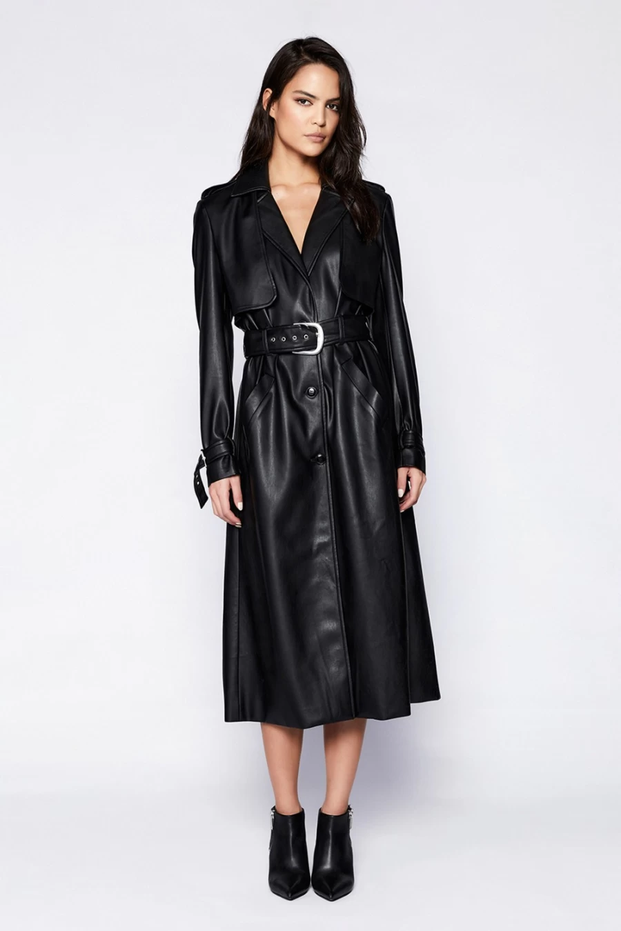 Bardot Women's Black Vegan Leather Trench Coat – Stylish Cruelty-Free Outerwear