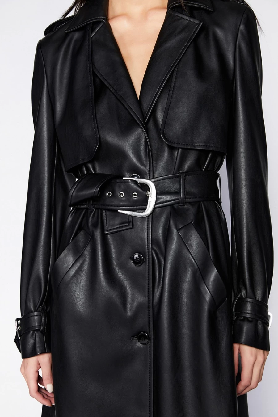 Bardot Women's Black Vegan Leather Trench Coat – Stylish Cruelty-Free Outerwear