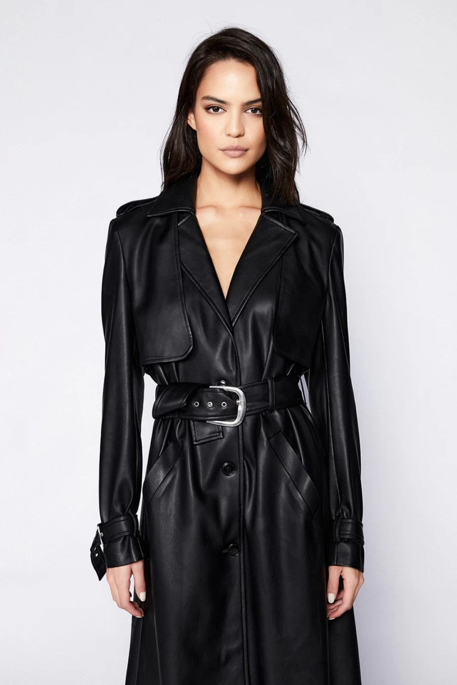 Bardot Women's Black Vegan Leather Trench Coat – Stylish Cruelty-Free Outerwear