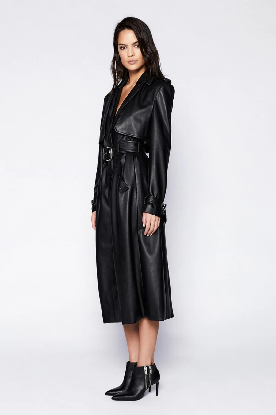 Bardot Women's Black Vegan Leather Trench Coat – Stylish Cruelty-Free Outerwear