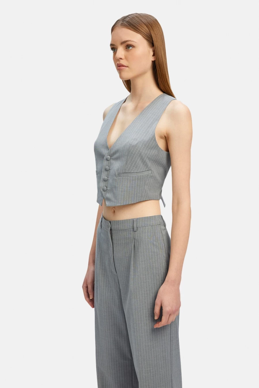 Bardot Women's Grey Stripe Callista Pin Stripe Vest - Stylish Sleeveless Waistcoat