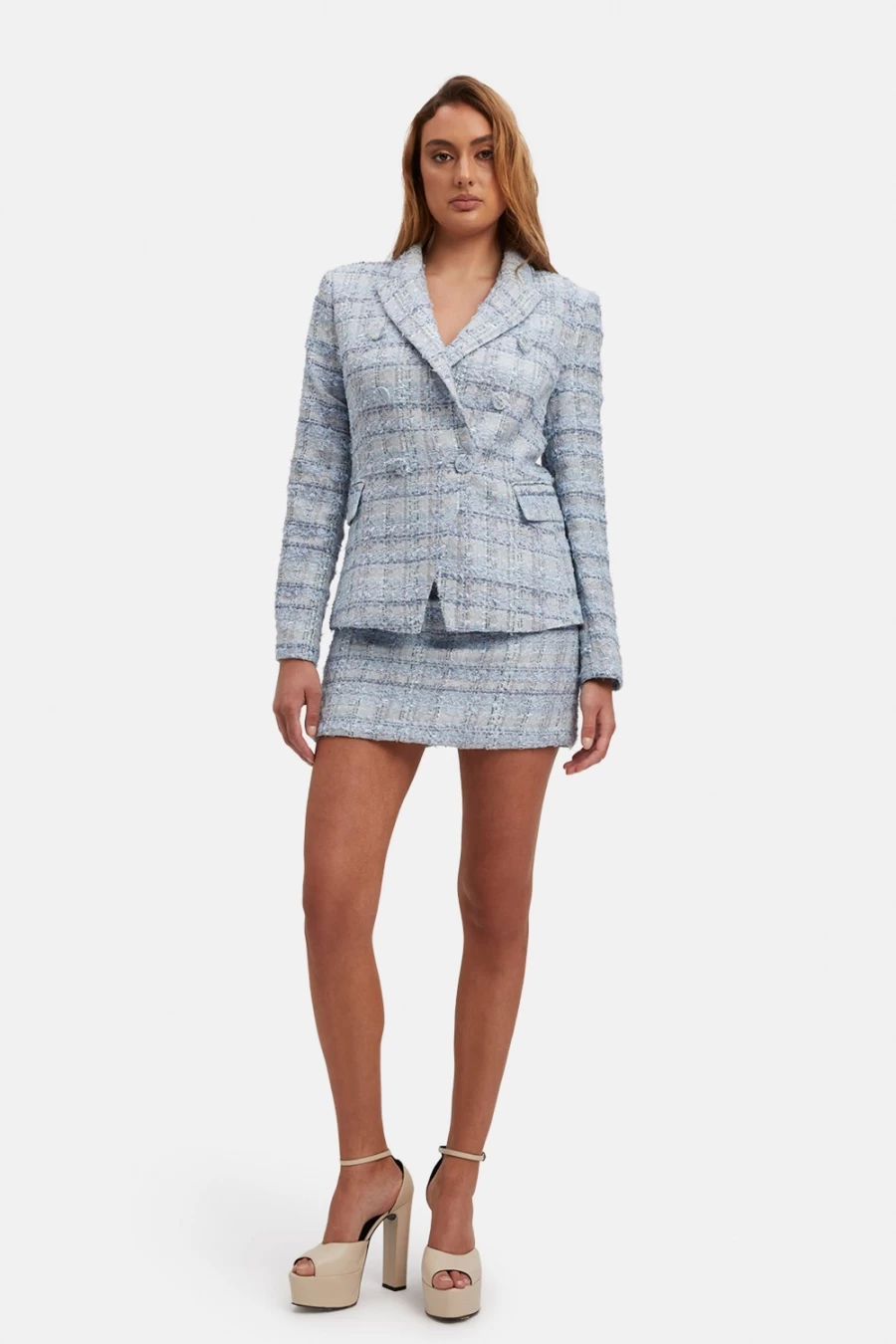 "Bardot Women's Blue Bouclé Blazer – Elegant Tailored Boucle Jacket"