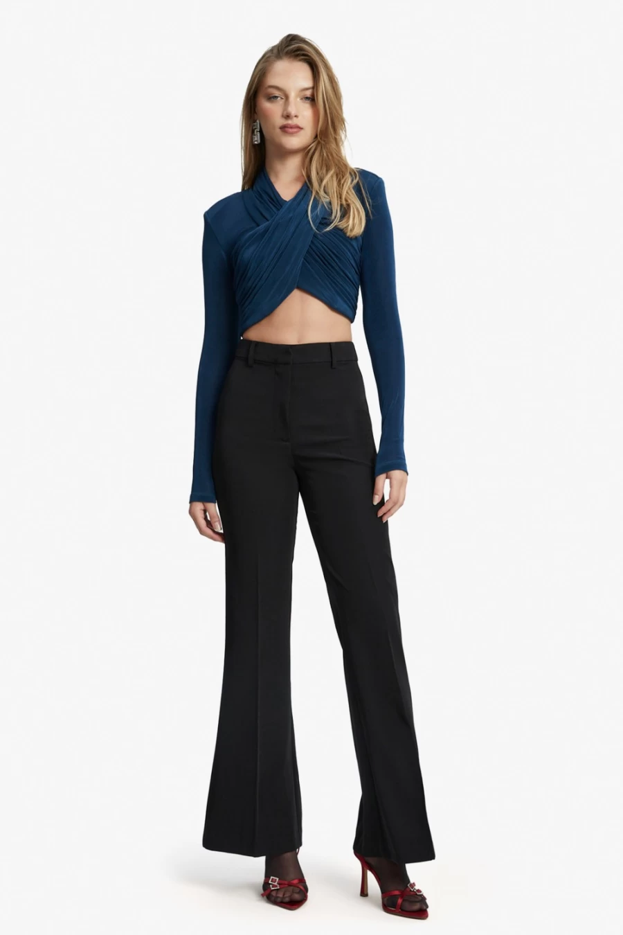 Bardot Women's Teal Wren Wrap Knit Top - Soft V-Neck Long Sleeve Pullover Sweater