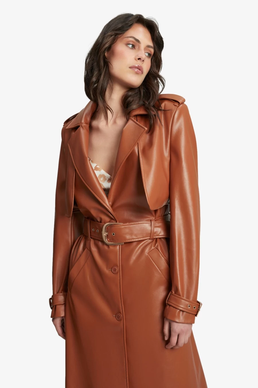 Bardot Women's Tan Vegan Leather Trench Coat – Sustainable Fashion Outerwear