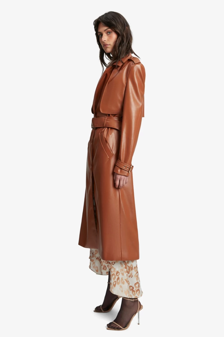 Bardot Women's Tan Vegan Leather Trench Coat – Sustainable Fashion Outerwear