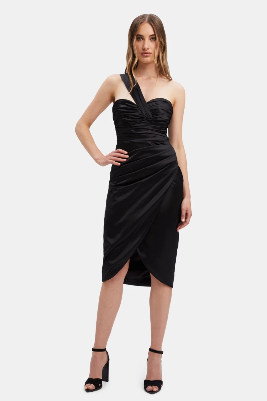 Bardot Women's Black Veda Drape Midi Dress - Elegant Knee-Length Dress
