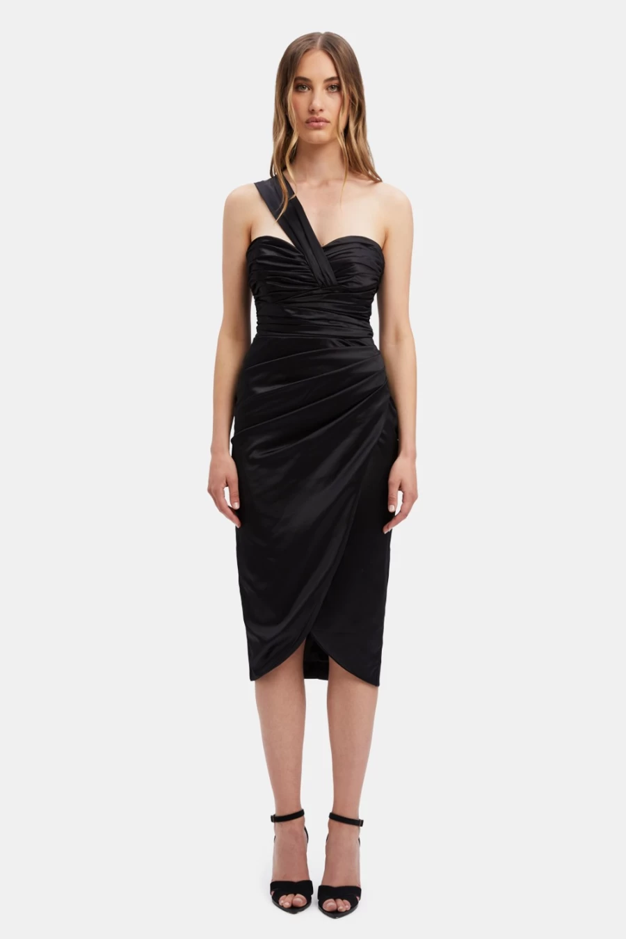 Bardot Women's Black Veda Drape Midi Dress - Elegant Knee-Length Dress