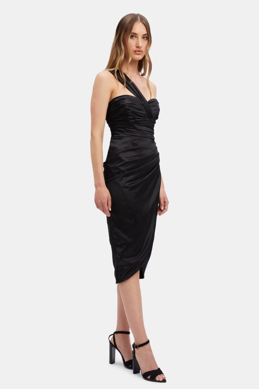 Bardot Women's Black Veda Drape Midi Dress - Elegant Knee-Length Dress
