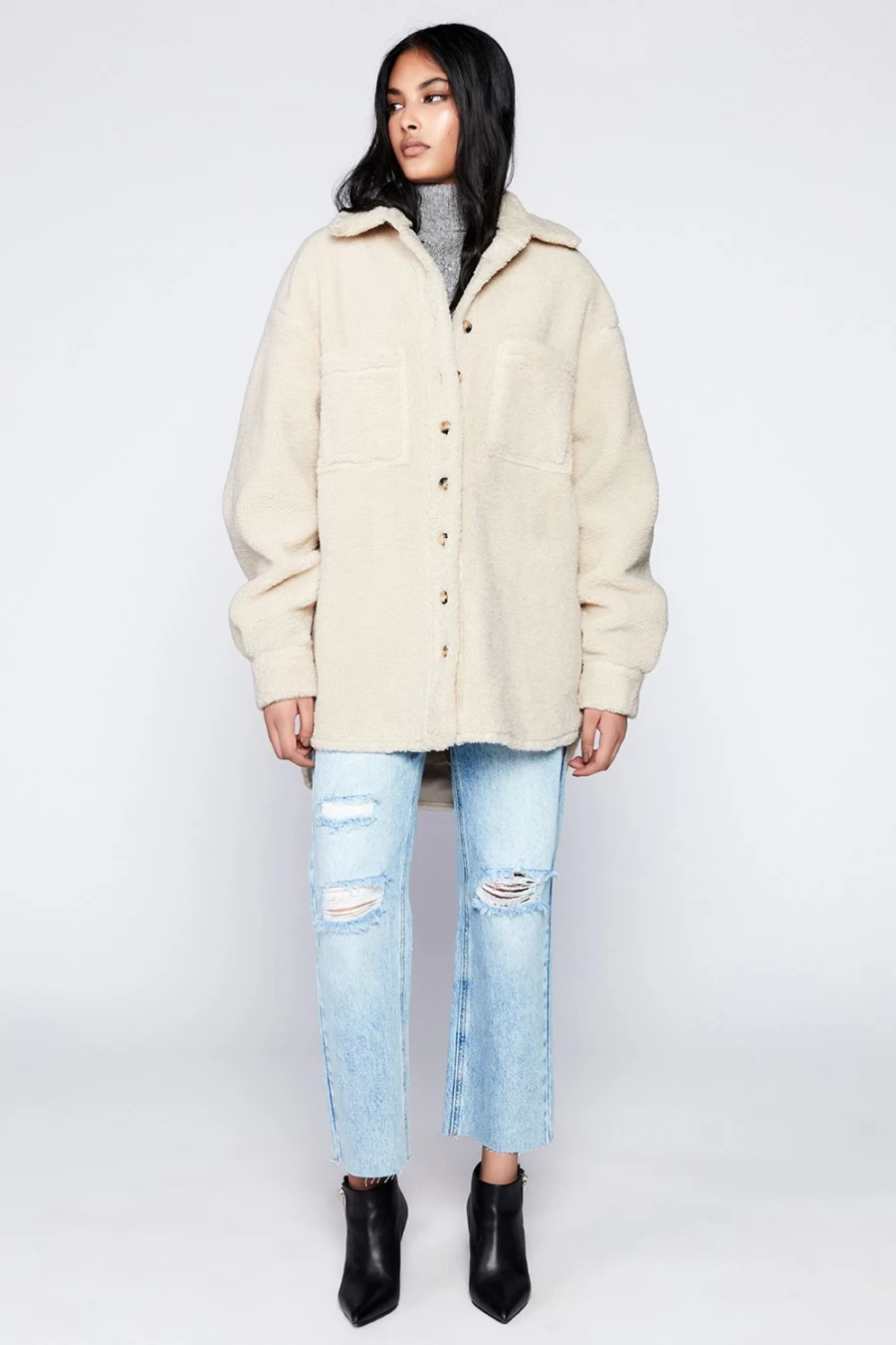 Bardot Women's Oatmeal Marcella Teddy Shacket - Cozy Oversized Jacket