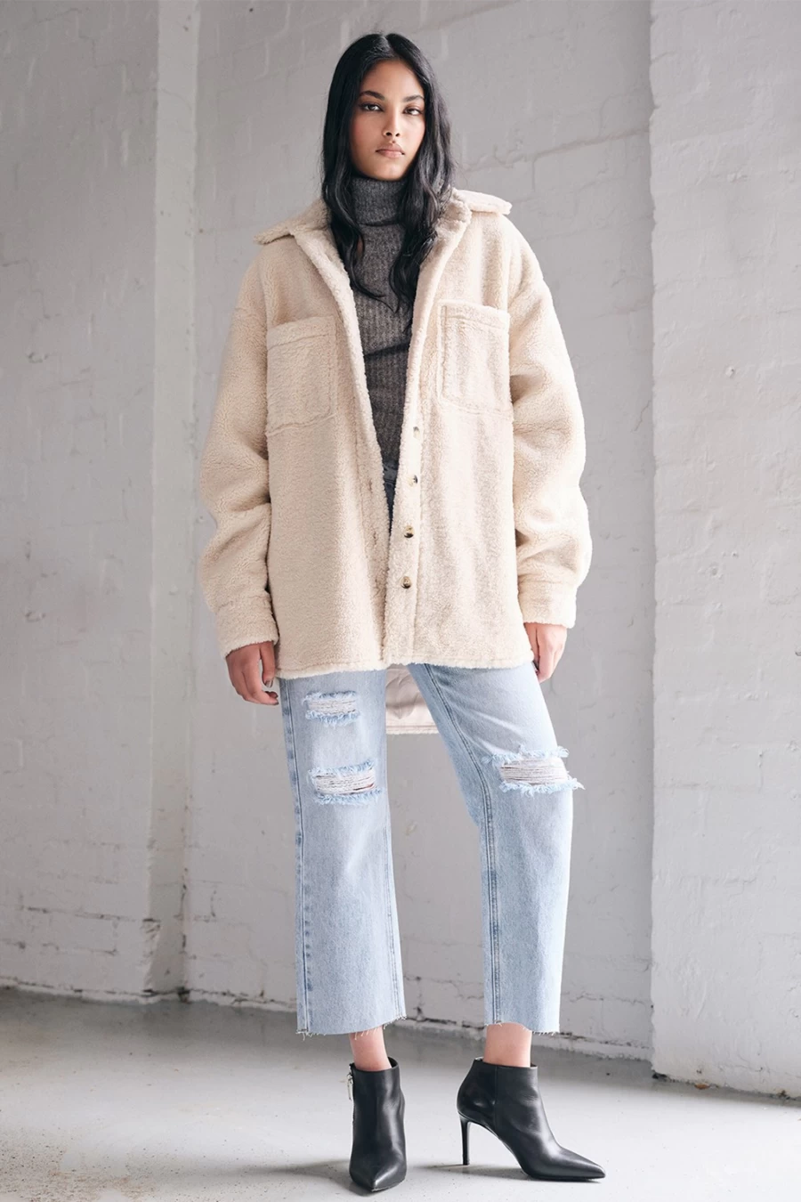 Bardot Women's Oatmeal Marcella Teddy Shacket - Cozy Oversized Jacket