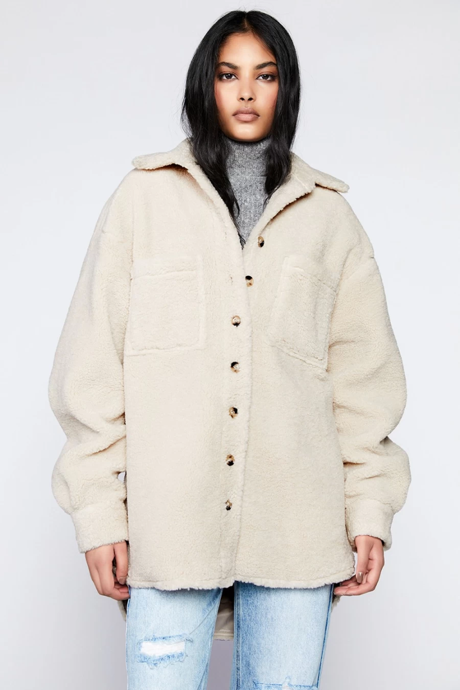 Bardot Women's Oatmeal Marcella Teddy Shacket - Cozy Oversized Jacket