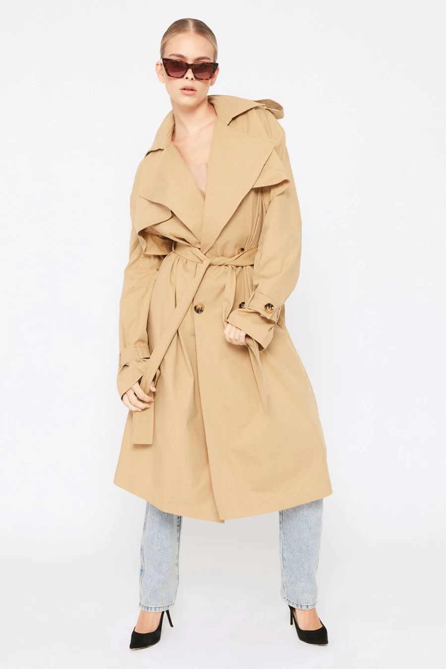 Bardot Women's Tan Oversized Trench Coat - Classic Longline Waterproof Jacket