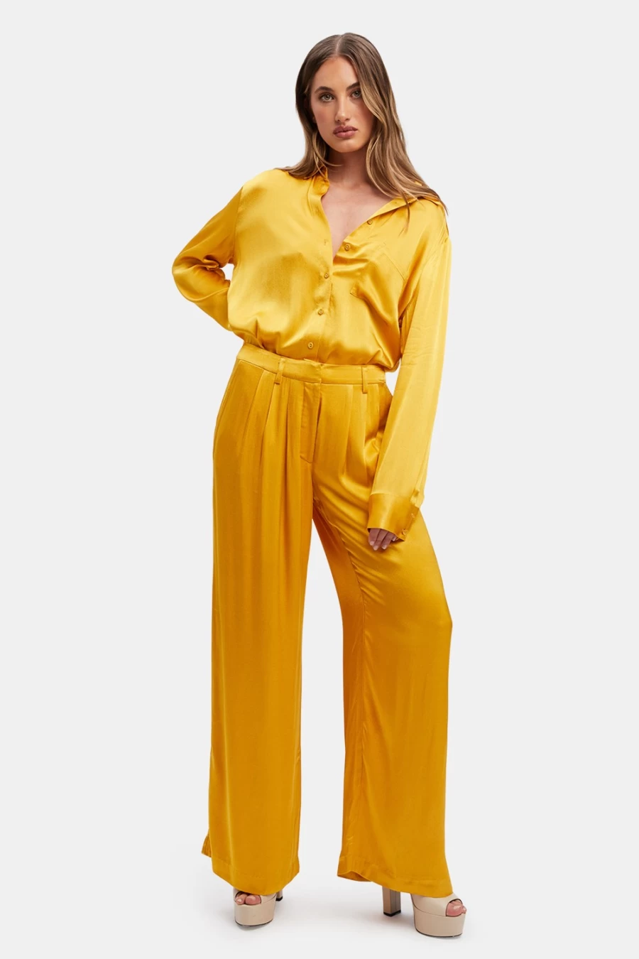 Bardot Women's Lena Pin Tuck Pant In Marigold - High Waisted Tailored Trousers