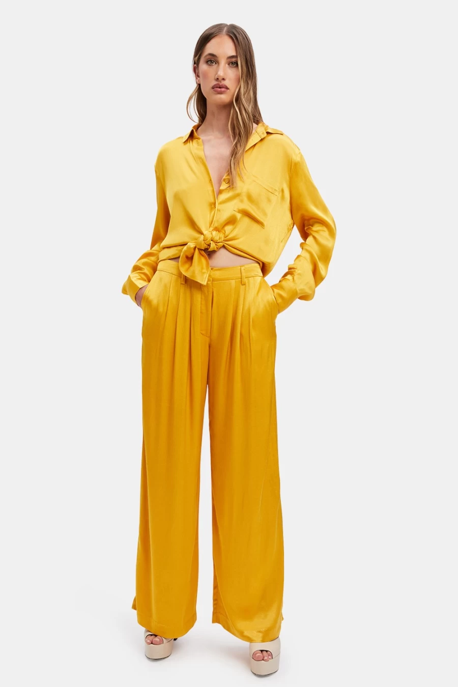Bardot Women's Lena Pin Tuck Pant In Marigold - High Waisted Tailored Trousers