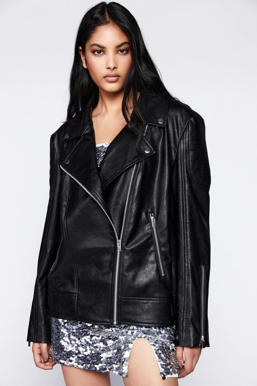 Bardot Women's Black Oversized Biker Jacket - Stylish Motorcycle Outerwear