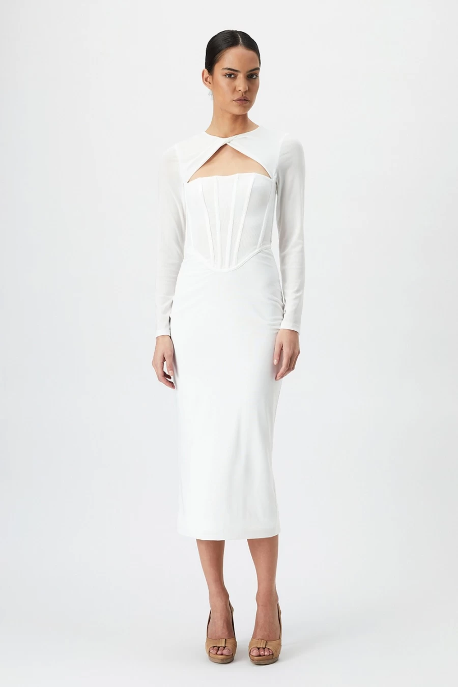 Bardot Women's Ramona Corset Mesh Dress in Orchid White - Elegant Lace-Up Bustier Midi Gown