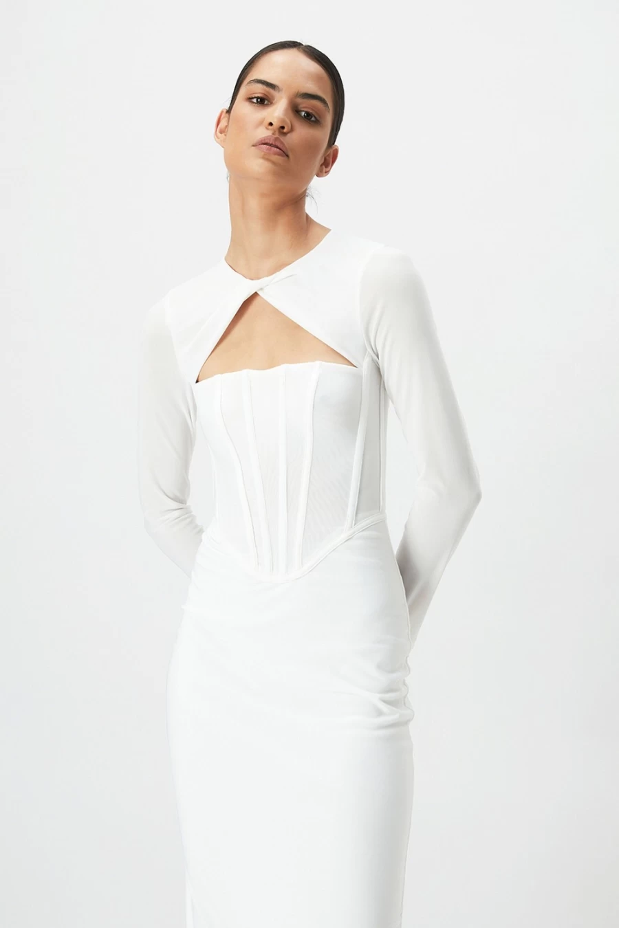 Bardot Women's Ramona Corset Mesh Dress in Orchid White - Elegant Lace-Up Bustier Midi Gown