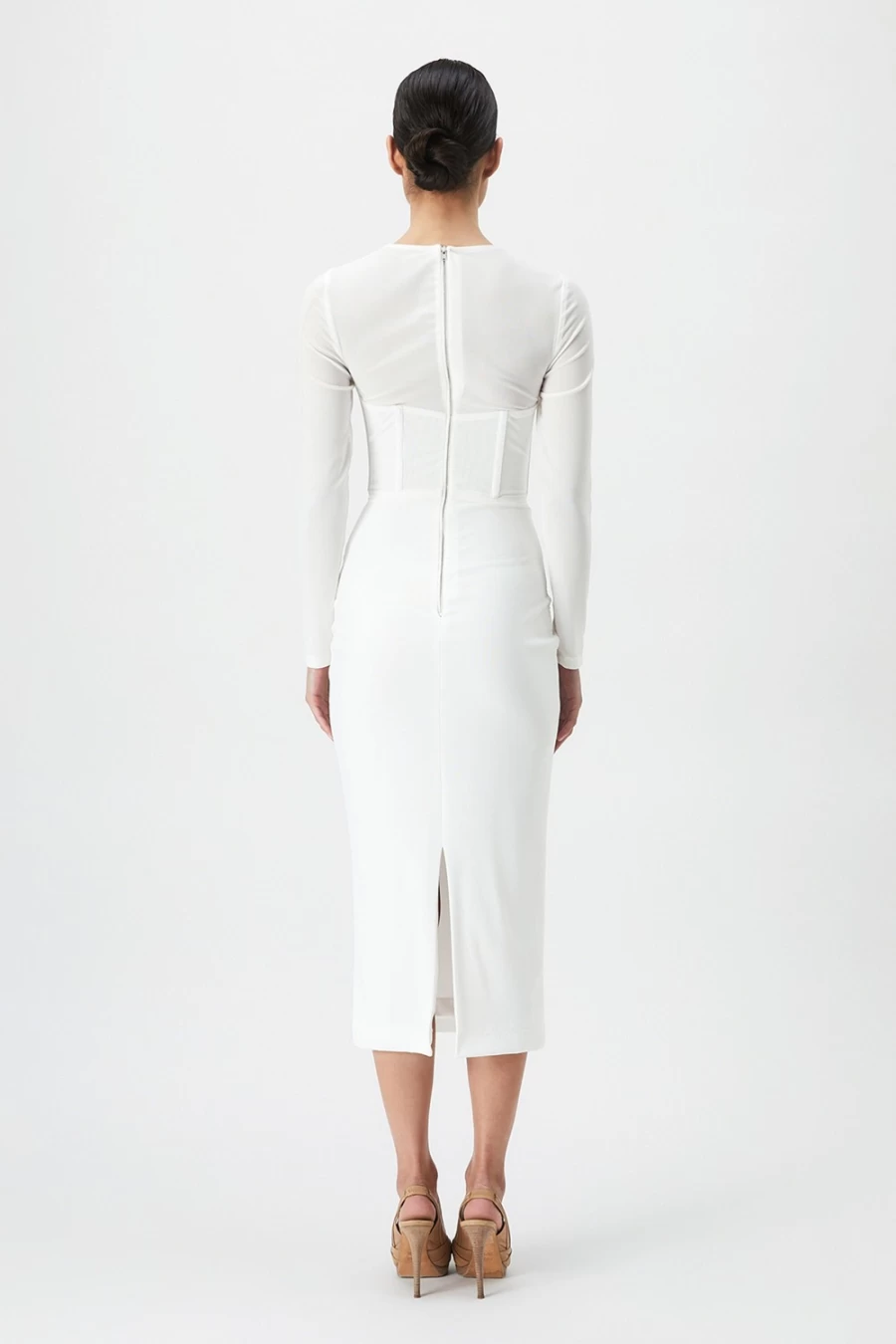 Bardot Women's Ramona Corset Mesh Dress in Orchid White - Elegant Lace-Up Bustier Midi Gown