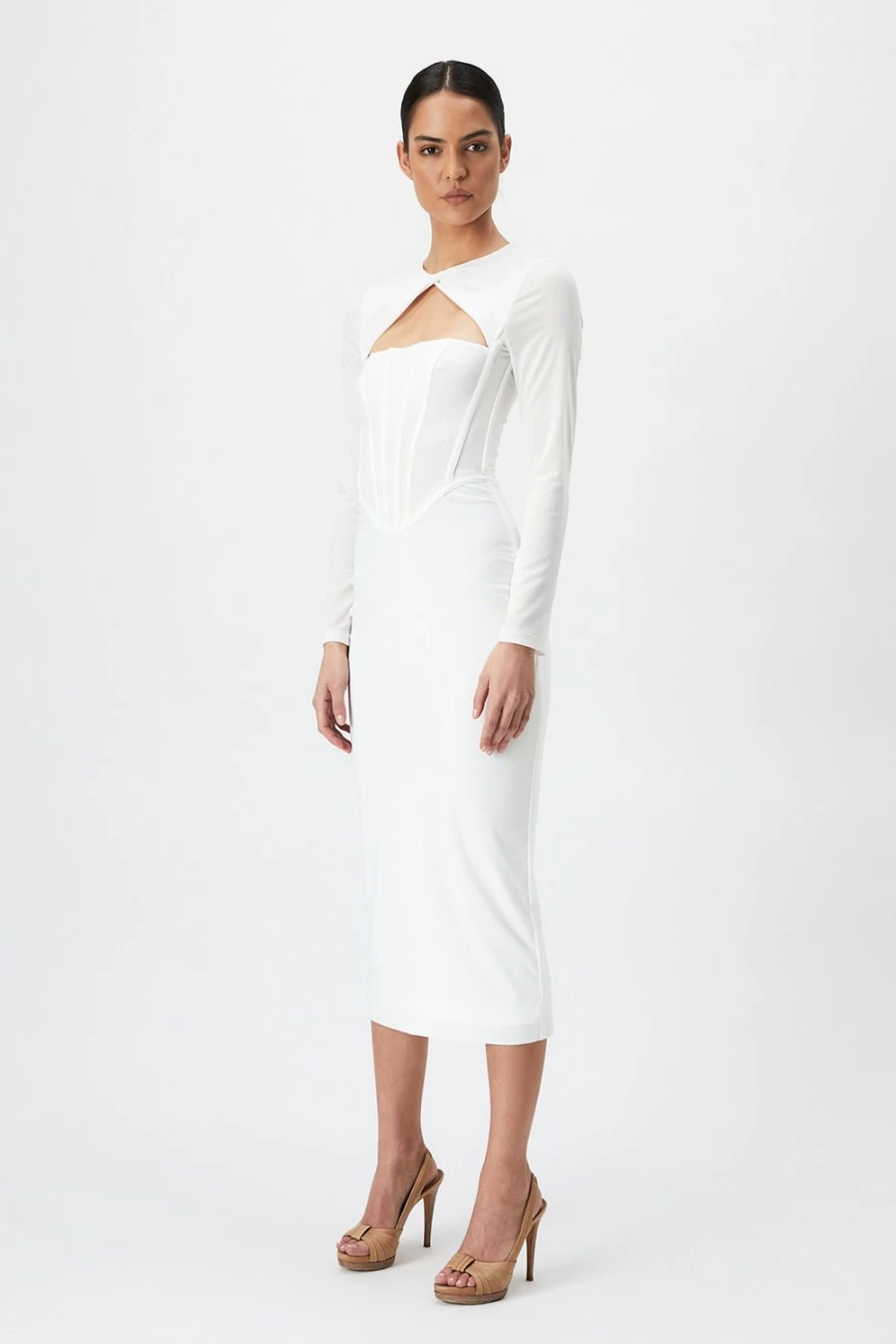 Bardot Women's Ramona Corset Mesh Dress in Orchid White - Elegant Lace-Up Bustier Midi Gown