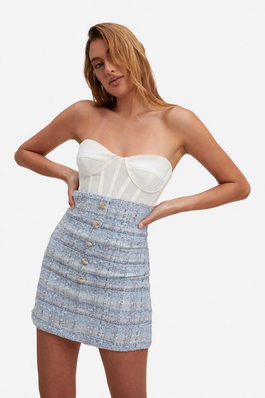 Bardot Women's Blue Boucle High Waist Skirt - Elegant A-Line Midi Skirt for Women