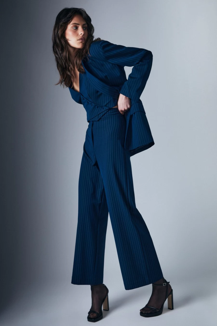Bardot Women's Navy Striped Wide Leg Pants - Pin Stripe High Waist Trousers