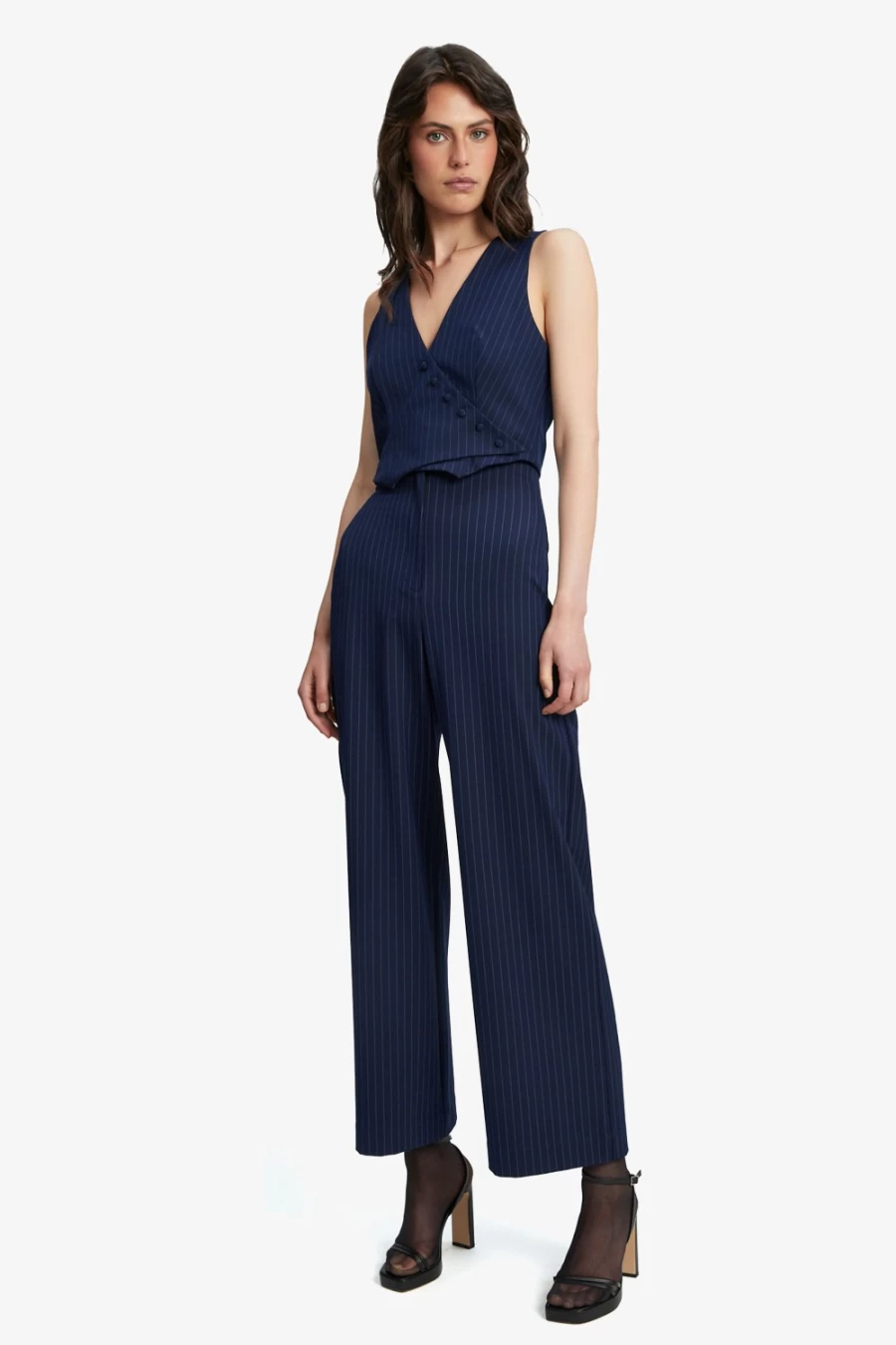 Bardot Women's Navy Striped Wide Leg Pants - Pin Stripe High Waist Trousers
