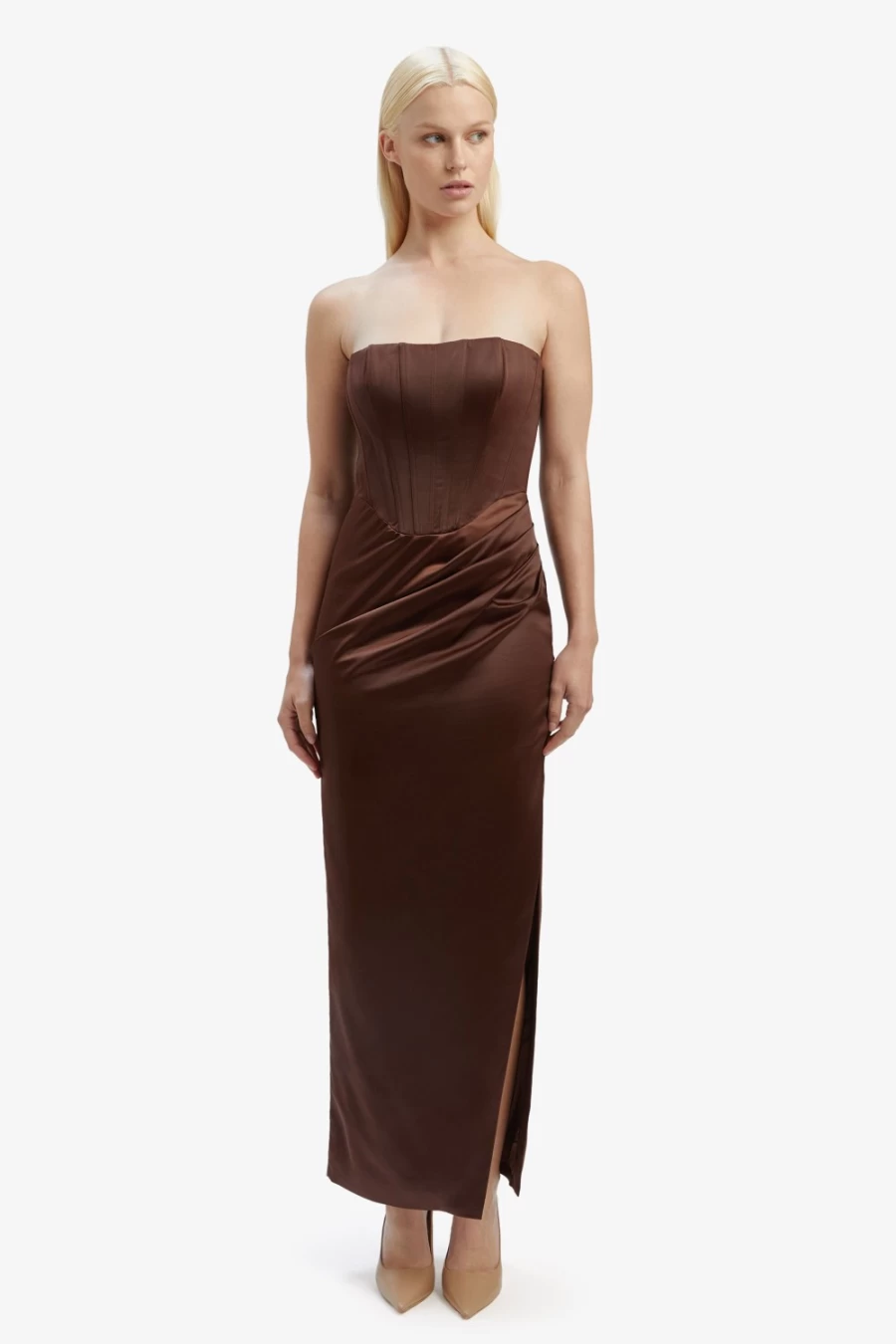 Bardot Women's Chocolate Satin Everlasting Midi Dress - Elegant Knee-Length Evening Gown