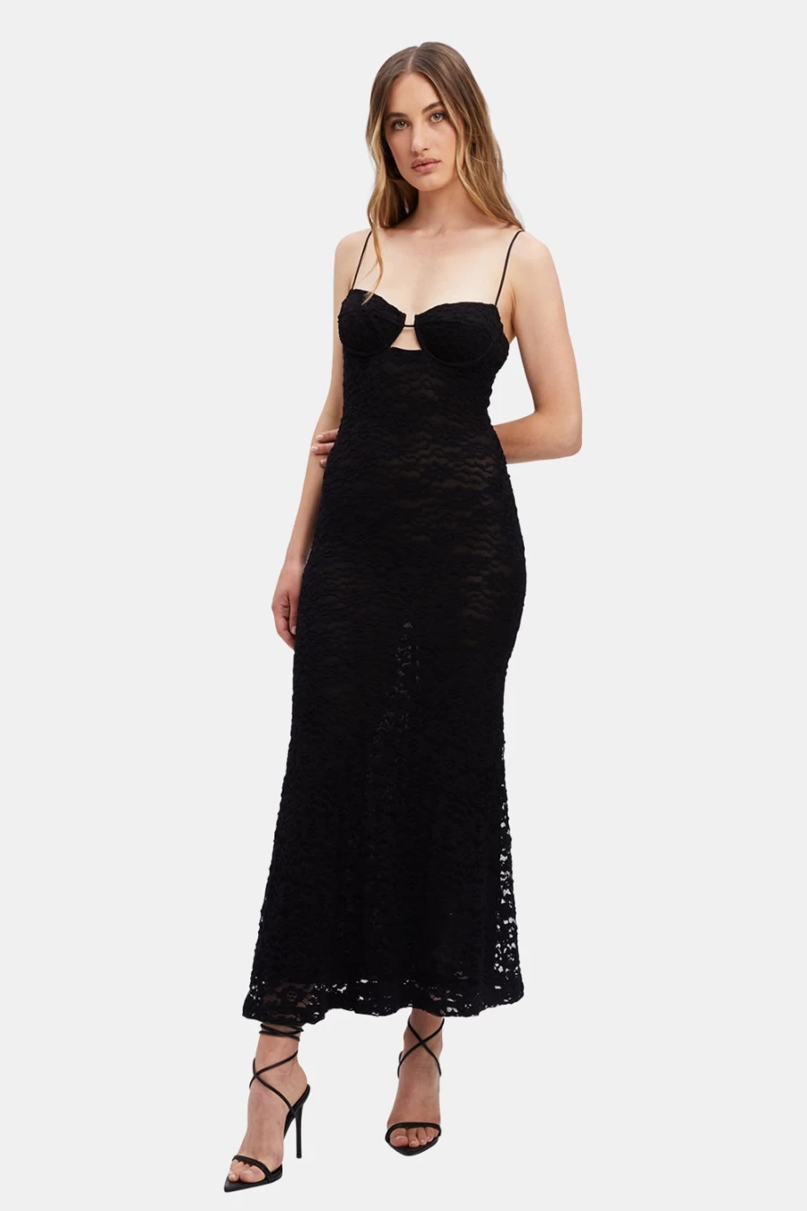 Bardot Women's Black Yesenia Lace Midi Dress - Elegant Long Sleeve Formal Gown