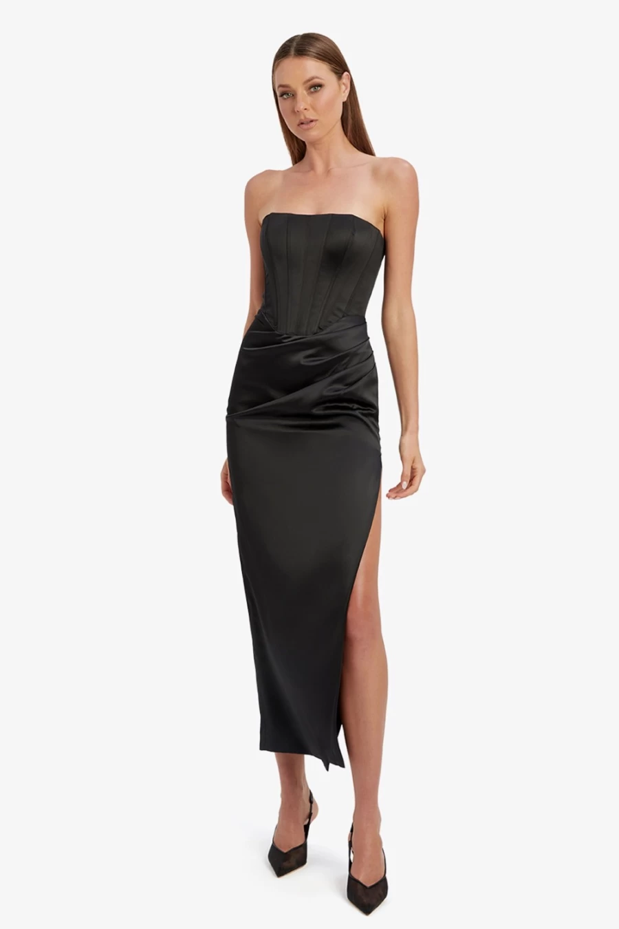 Bardot Women's Black Everlasting Satin Midi Dress - Elegant Formal Evening Gown