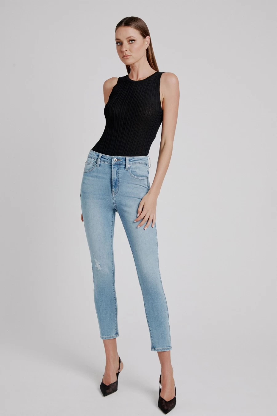 Bardot Women's Light Denim Khloe Hi Crop Ripped Jeans