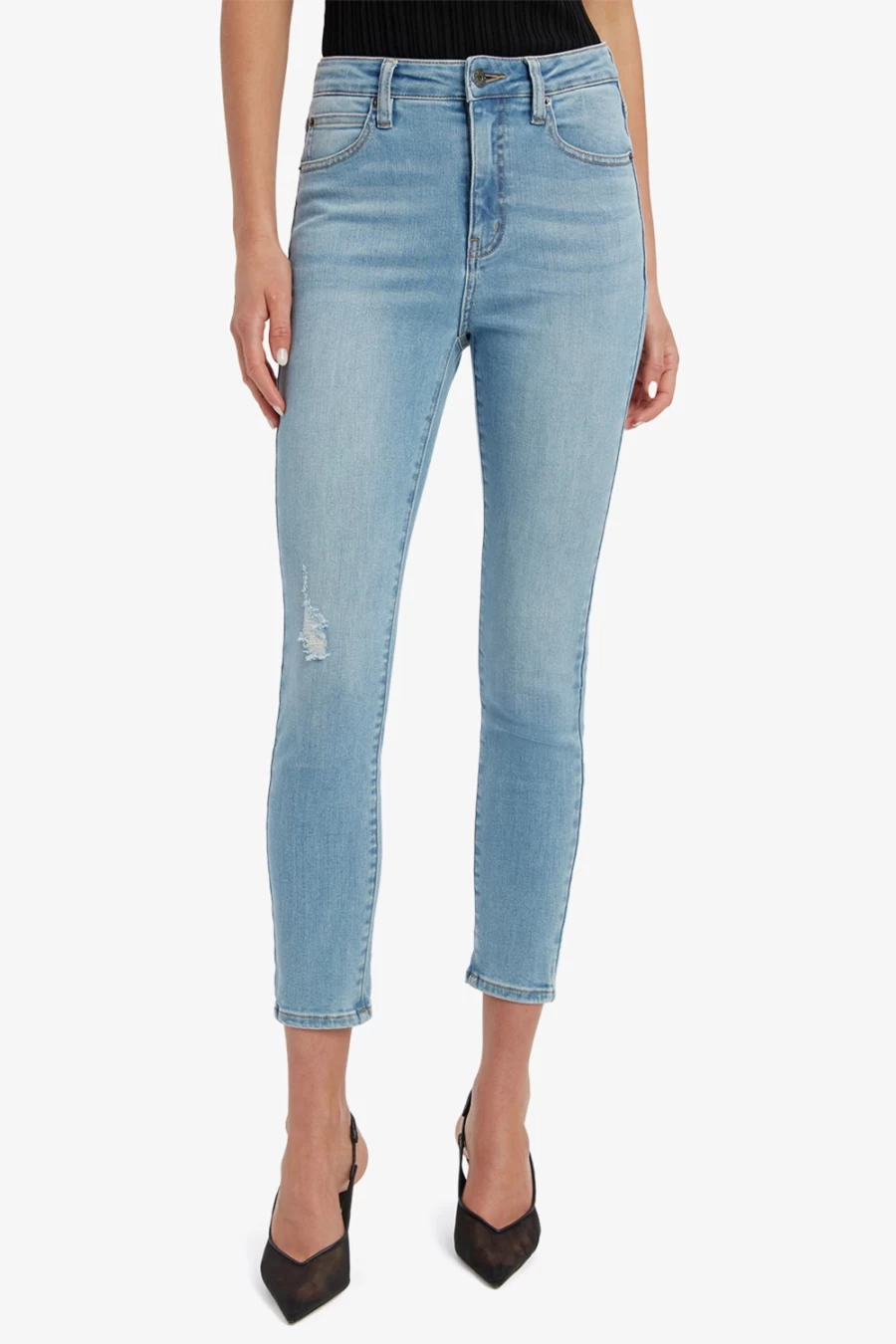 Bardot Women's Light Denim Khloe Hi Crop Ripped Jeans