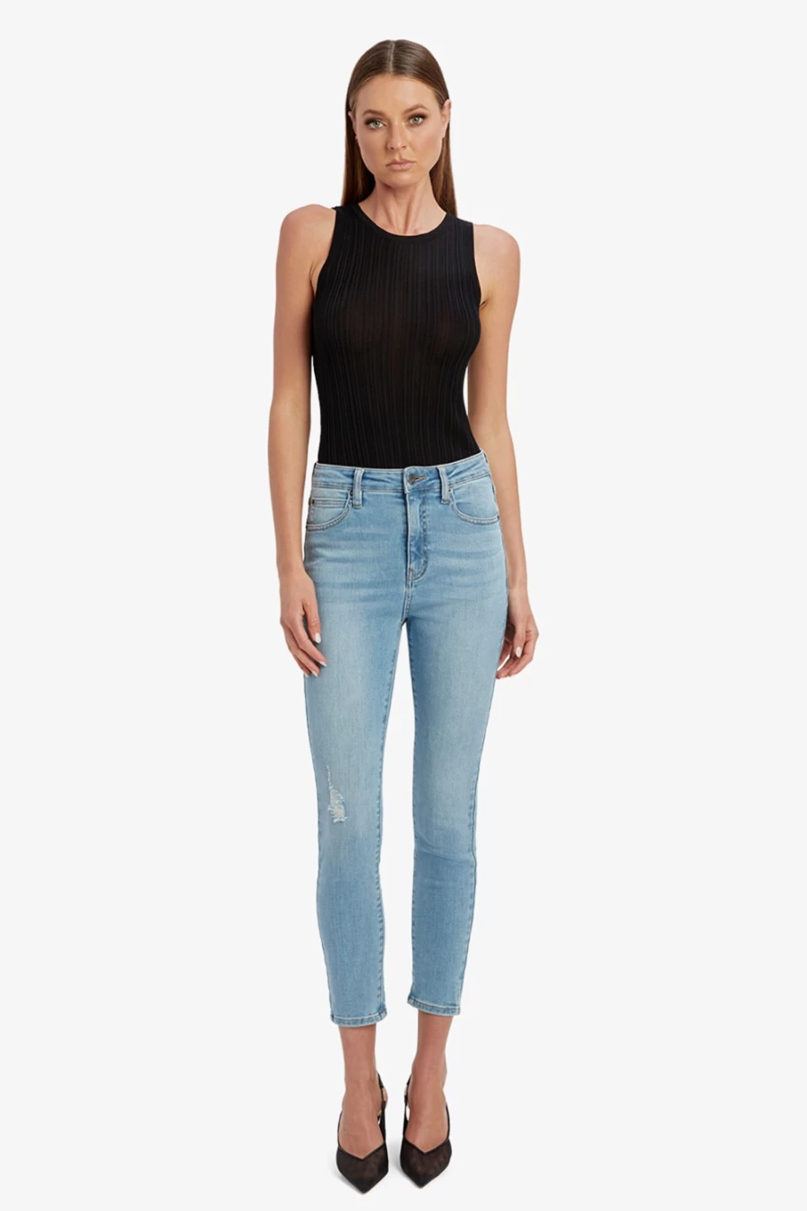 Bardot Women's Light Denim Khloe Hi Crop Ripped Jeans