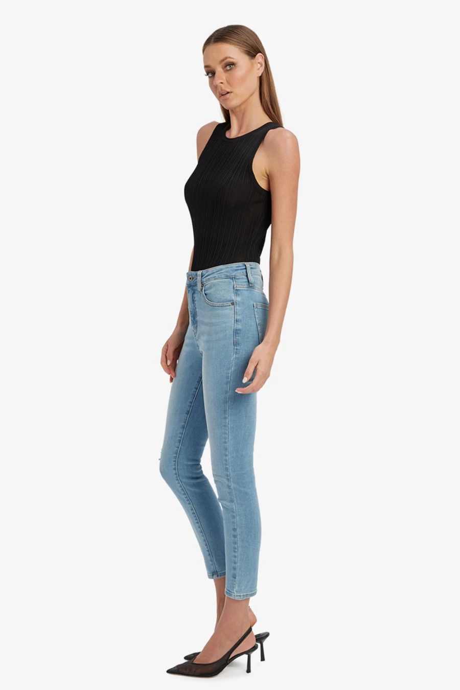 Bardot Women's Light Denim Khloe Hi Crop Ripped Jeans