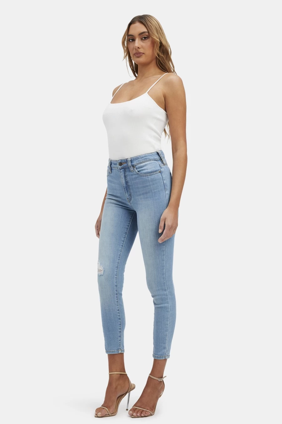 Bardot Women's Light Denim Khloe Hi Crop Ripped Jeans