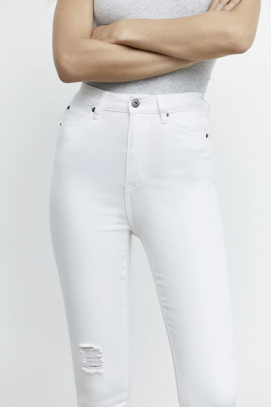 Bardot Women's Khloe Hi Crop Rip Jeans in Ivory - Distressed High Waist Denim