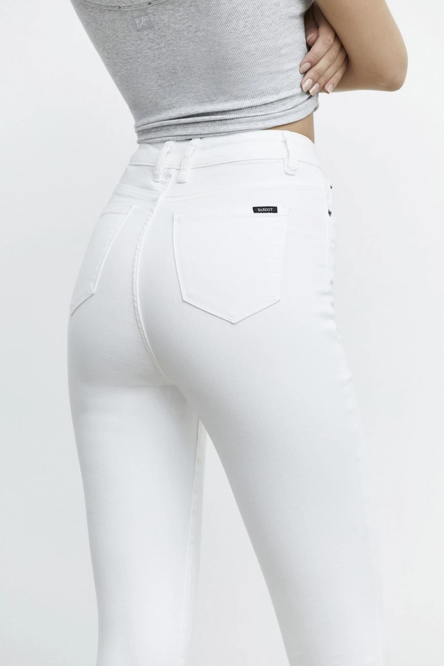 Bardot Women's Khloe Hi Crop Rip Jeans in Ivory - Distressed High Waist Denim
