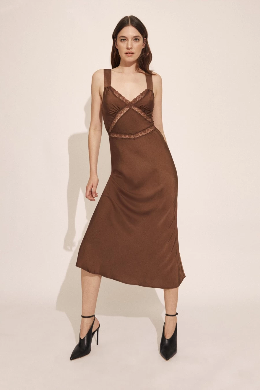 Bardot Women's Emory Lace Slip Dress in Chocolate - Elegant Long Sleeve Evening Gown