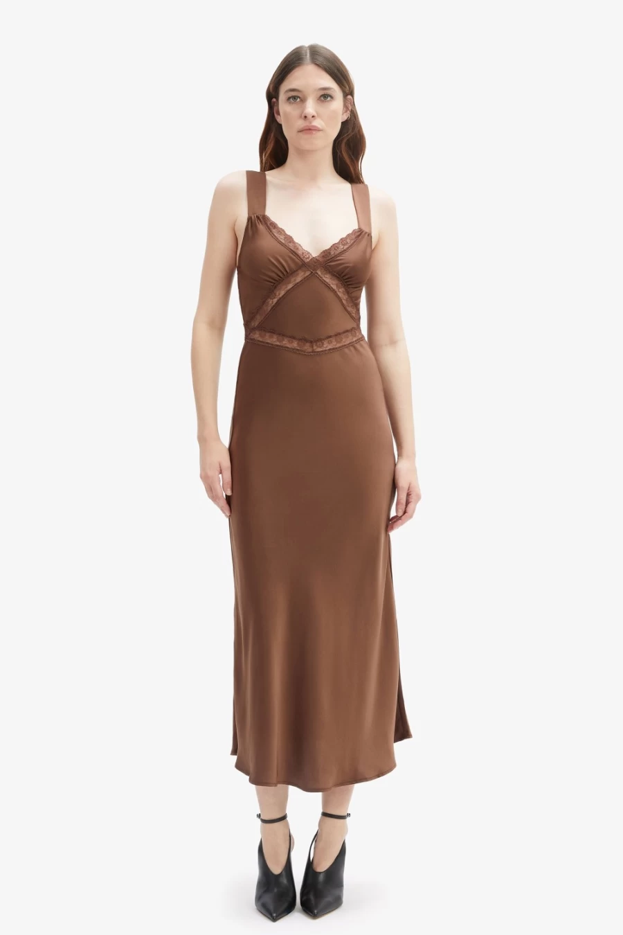 Bardot Women's Emory Lace Slip Dress in Chocolate - Elegant Long Sleeve Evening Gown