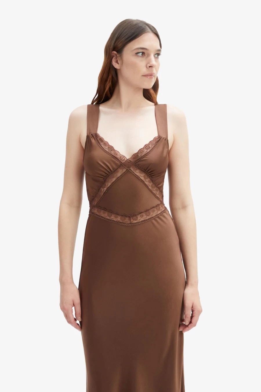 Bardot Women's Emory Lace Slip Dress in Chocolate - Elegant Long Sleeve Evening Gown