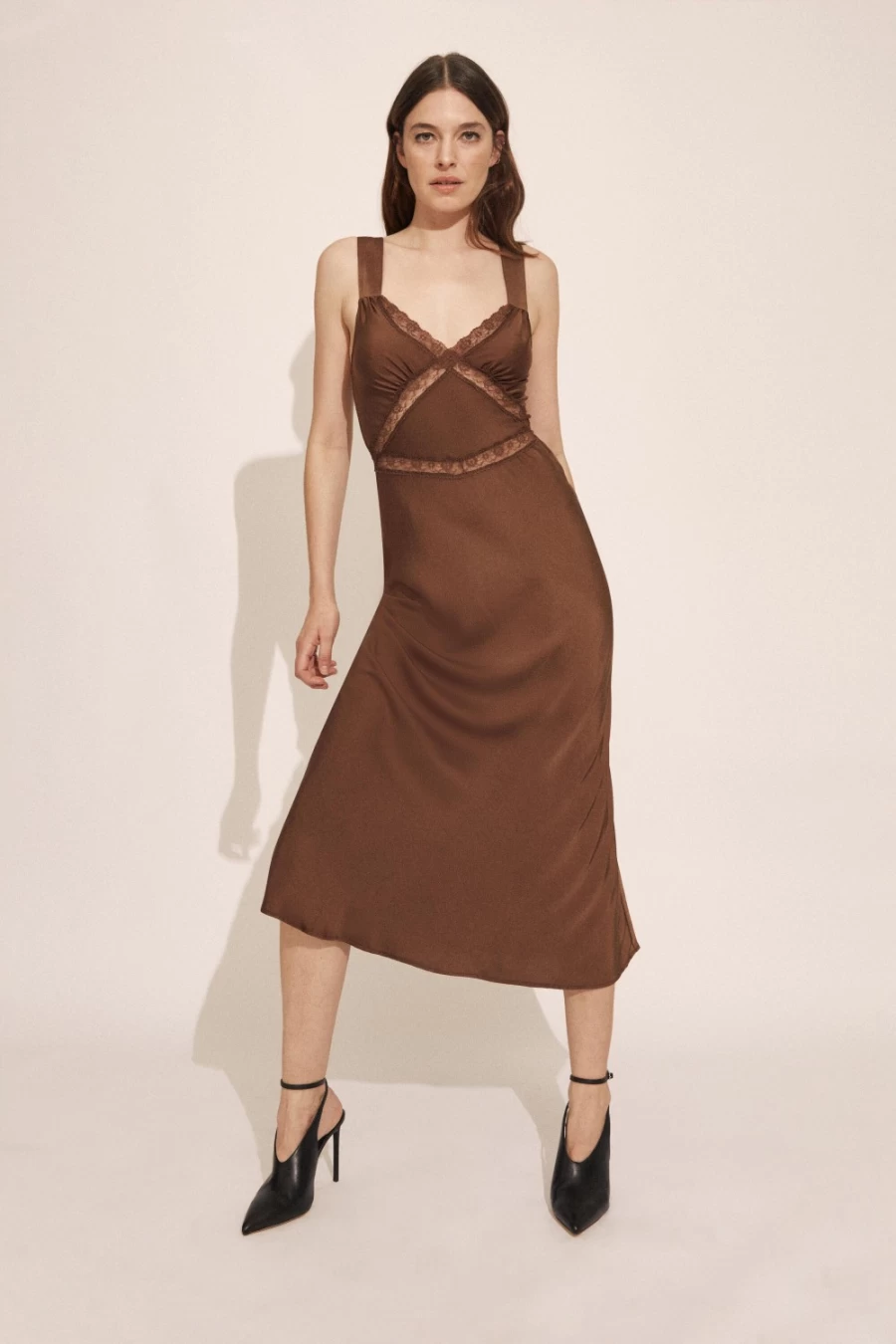 Bardot Women's Emory Lace Slip Dress in Chocolate - Elegant Long Sleeve Evening Gown
