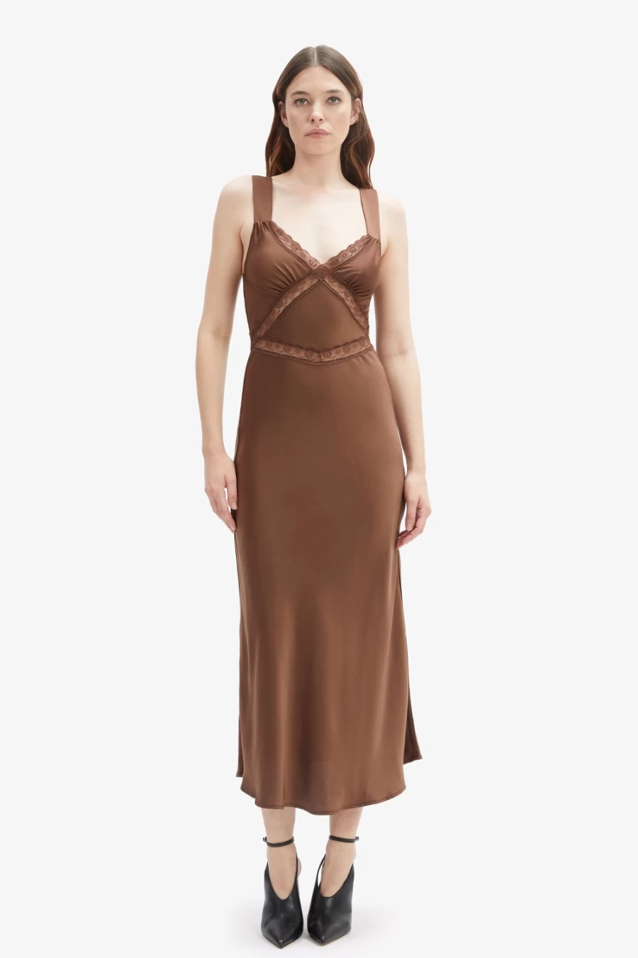Bardot Women's Emory Lace Slip Dress in Chocolate - Elegant Long Sleeve Evening Gown