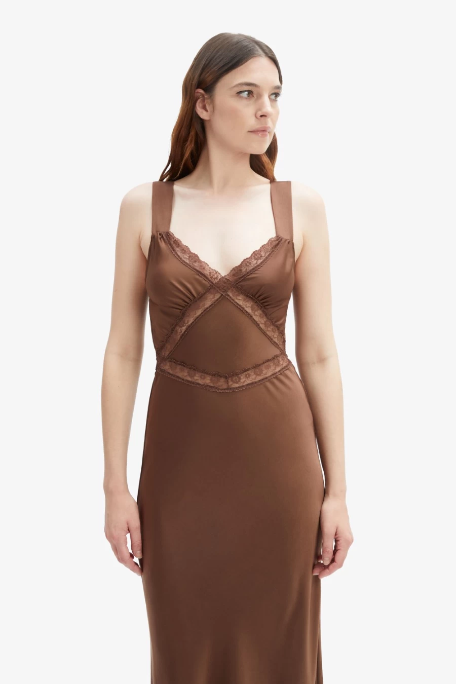 Bardot Women's Emory Lace Slip Dress in Chocolate - Elegant Long Sleeve Evening Gown