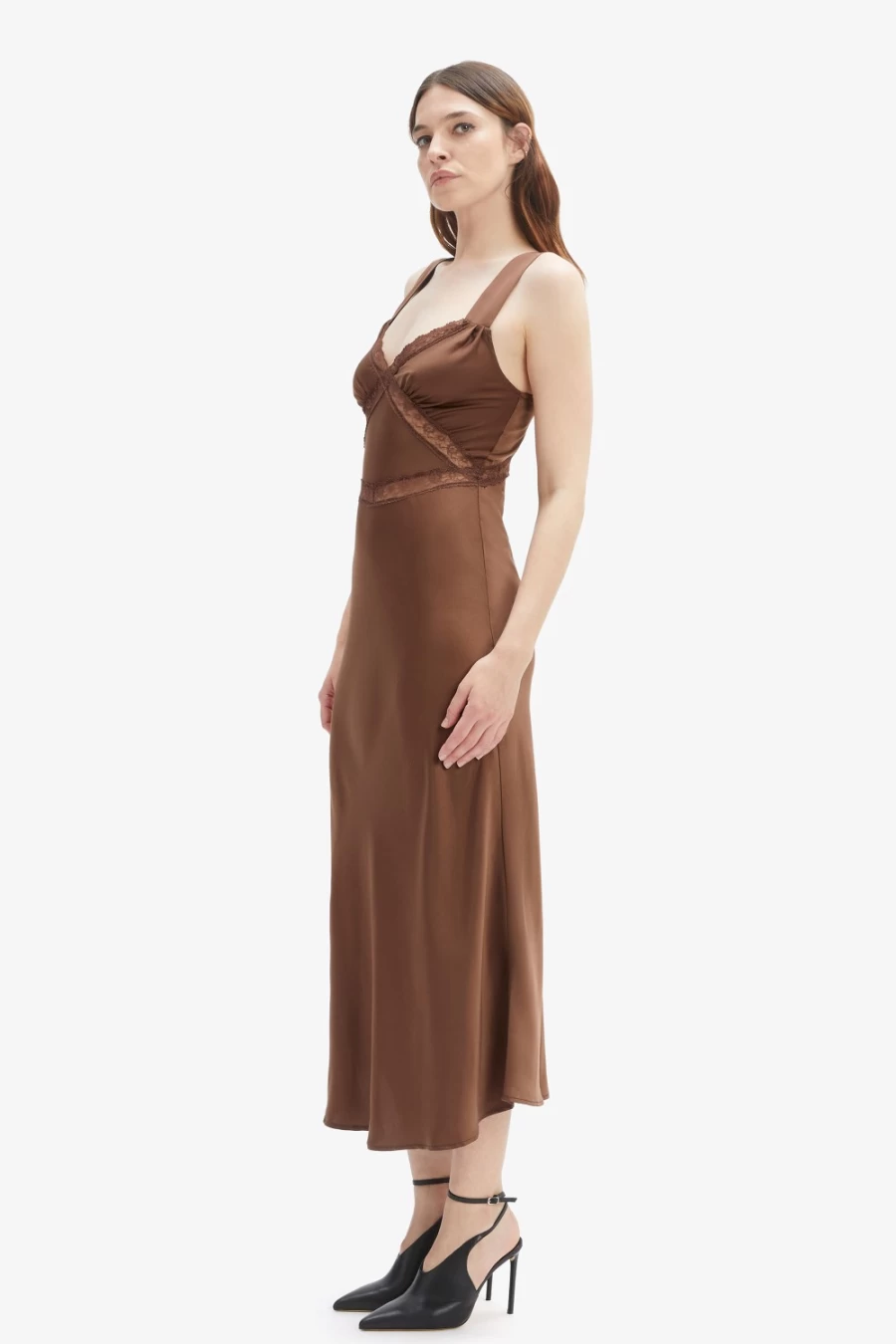 Bardot Women's Emory Lace Slip Dress in Chocolate - Elegant Long Sleeve Evening Gown