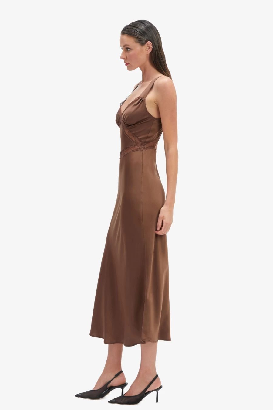 Bardot Women's Emory Lace Slip Dress in Chocolate - Elegant Long Sleeve Evening Gown