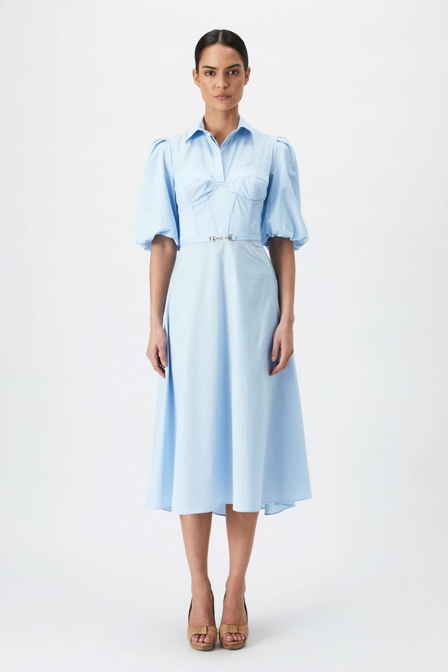 Bardot Women's Cornflower Corset Midi Shirt Dress - Elegant Tapered Waist Style