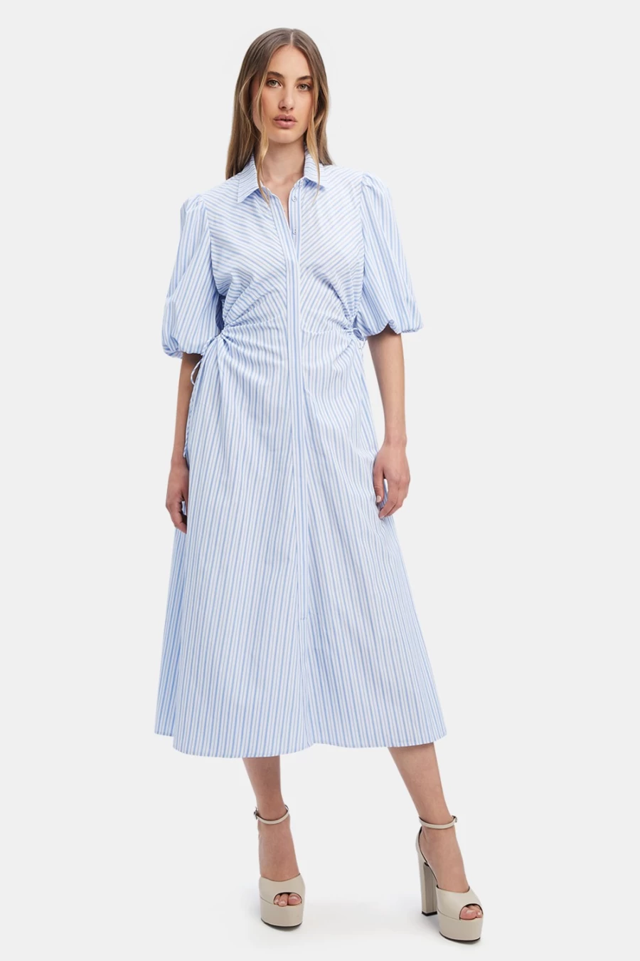 Bardot Women's Blue Stripe Cut Out Midi Shirt Dress