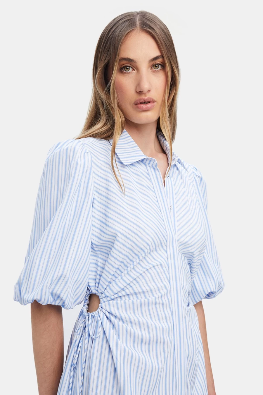 Bardot Women's Blue Stripe Cut Out Midi Shirt Dress
