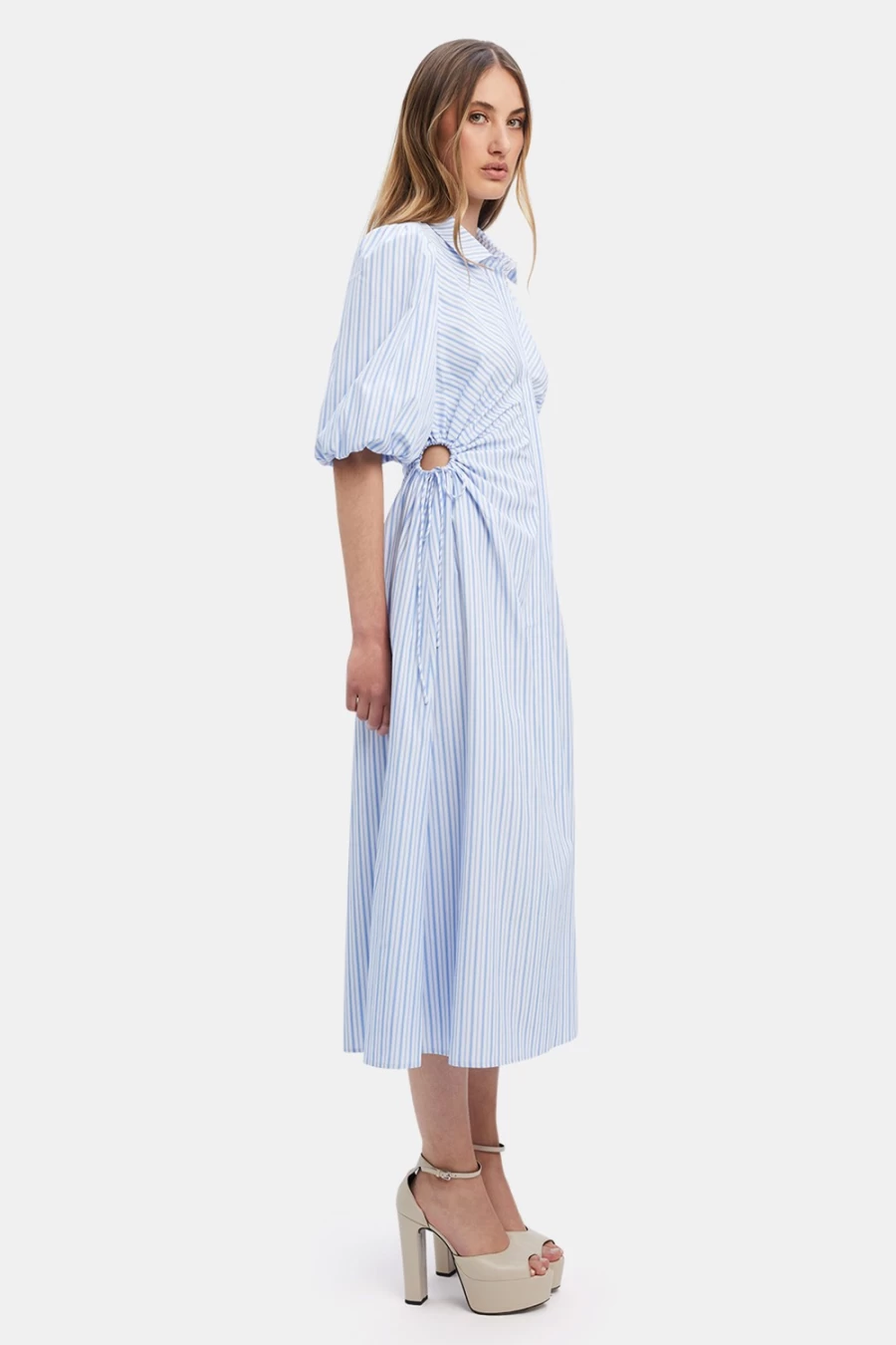 Bardot Women's Blue Stripe Cut Out Midi Shirt Dress